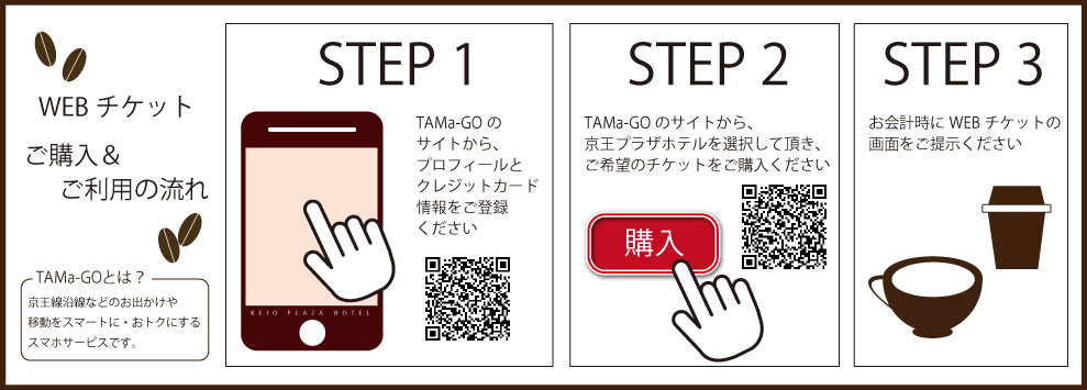 WEBチケットご購入＆ご利用の流れ TAMa-GOとは？京王線沿線などのお出かけや移動をスマートに・おトクにするスマホサービスです。STEP 1 TAMa-GOのサイトから、プロフィールとクレジットカード情報をご登録ください　STEP 2 TAMa-GOのサイトから、京王プラザホテルを選択して頂き、ご希望のチケットをご購入ください　STEP 3 お会計時にWEBチケットの画面をご提示ください