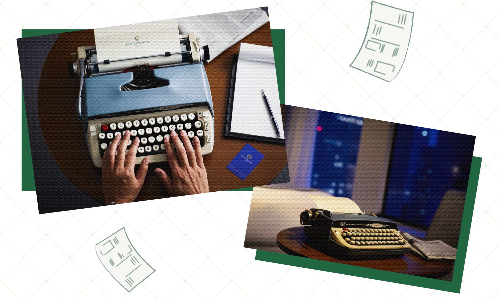 タイプライターを打つ仕草の画像、タイプライターの画像の周りに新聞記事が飛び交う