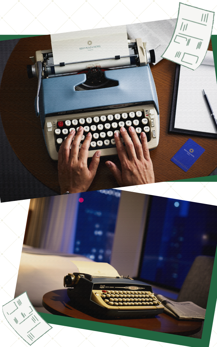 タイプライターを打つ仕草の画像、タイプライターの画像の周りに新聞記事が飛び交う